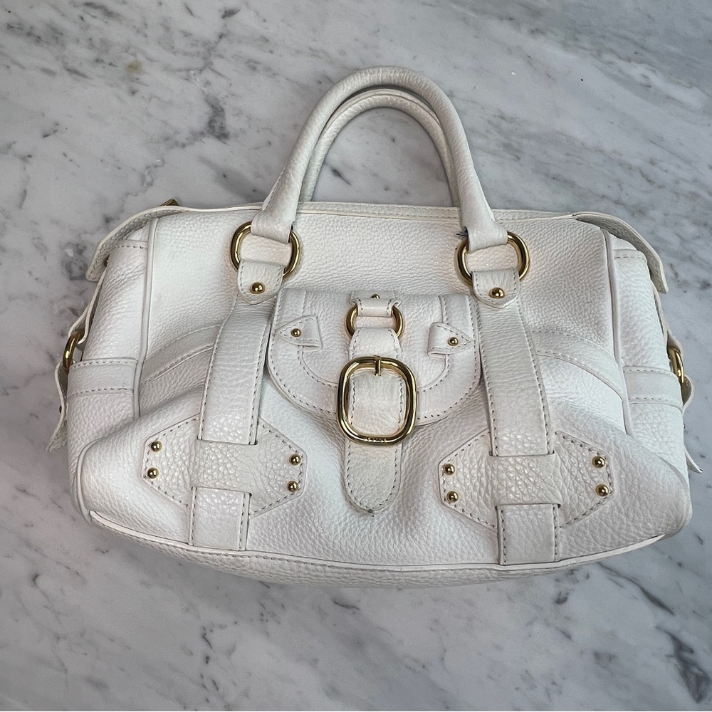 Celine Buckle Boston Leather Handbag in Off White
